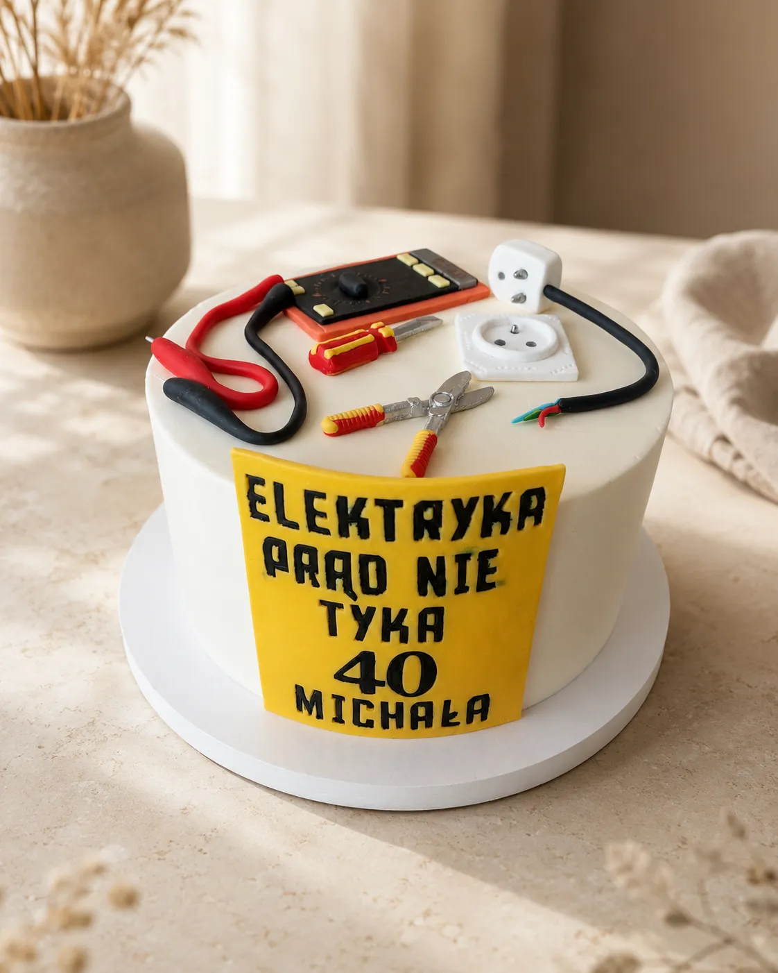 Biały tort na 40. urodziny z motywem elektryka i żółtą tabliczką Elektryka prąd nie tyka 40 Michała