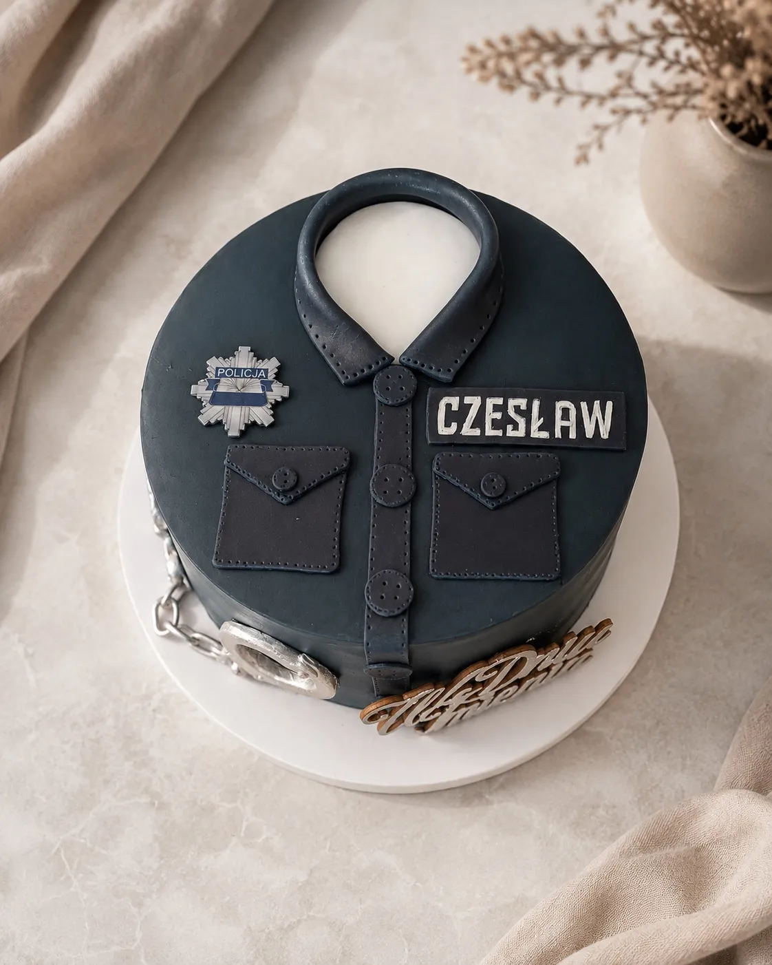 Tort z góry: kołnierzyk koszuli, pasek z guzikami i tabliczka z imieniem Czesław