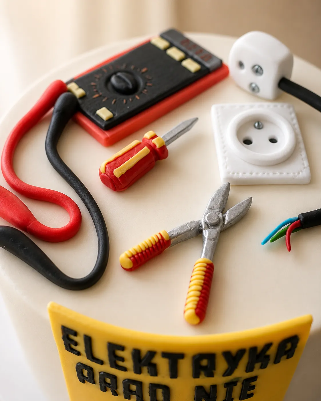Makro dekoracji: miernik, gniazdko elektryczne i przewody z kolorowymi żyłami